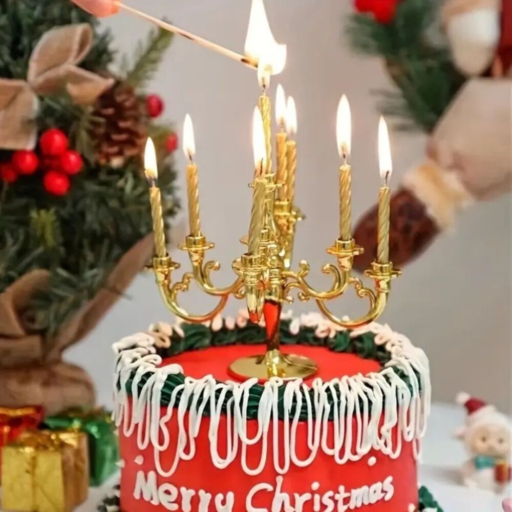 Gold Candelabra Candle Cake Topper for Birthdays, Weddings, Parties w candles